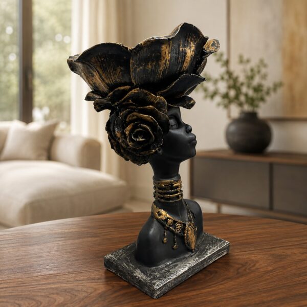 Black & Gold Floral Lady Bust Sculpture | 9.5 Inch