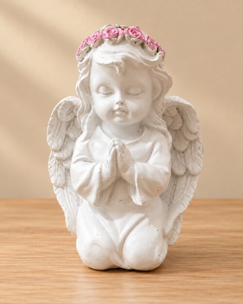 Praying Angel Cherub Statue with Pink Rose Crown – White Decorative Figurine   N 53| 4 Inch