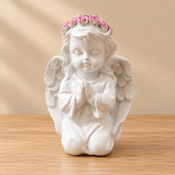Praying Angel Cherub Statue with Pink Rose Crown – White Decorative Figurine   N 53| 4 Inch