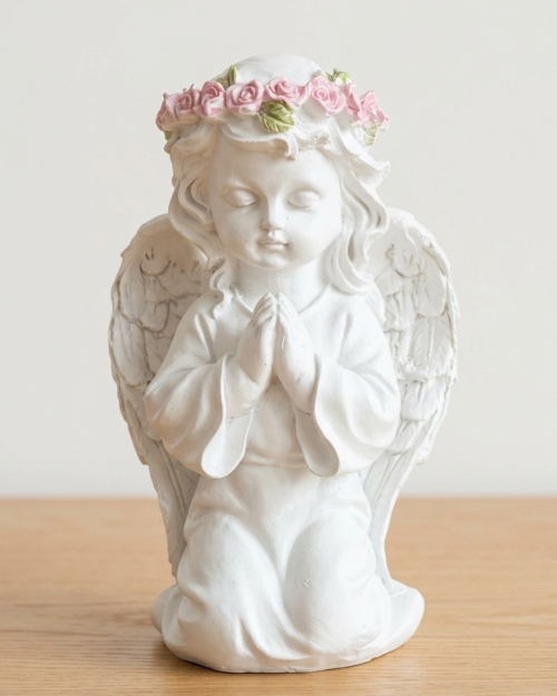 Praying Angel Cherub Statue with Pink Rose Crown – White Decorative Figurine   N 56 | 8 Inch
