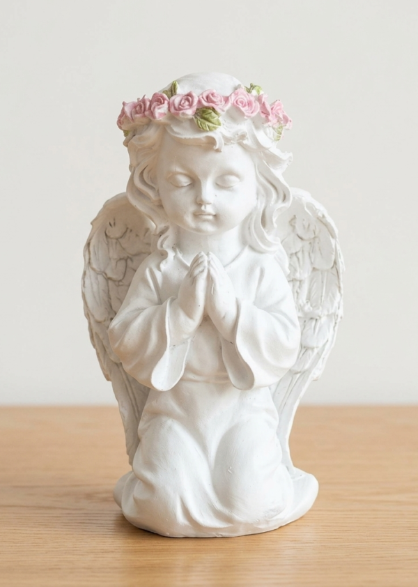 Praying Angel Cherub Statue with Pink Rose Crown – White Decorative Figurine   N 56 | 8 Inch