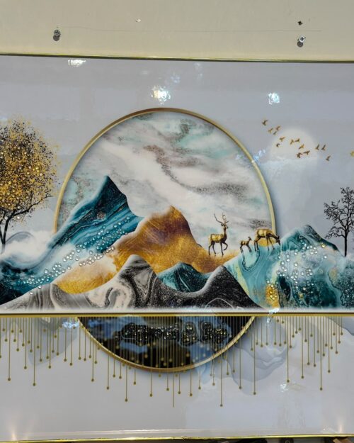 Modern Teal Mountain, Deer and Tree Decorative Wall Art Panel | 18 x 22 Inch