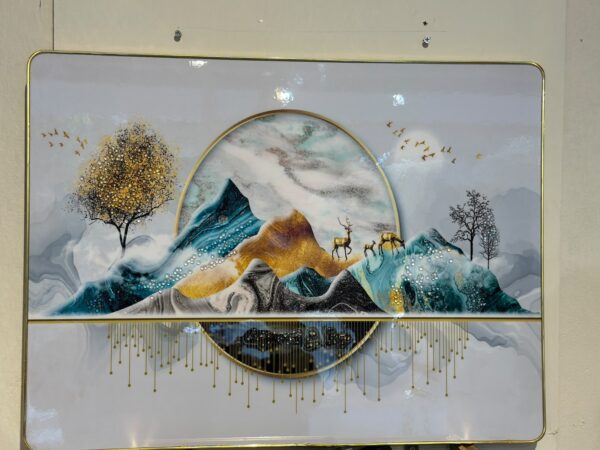 2 Modern Teal Mountain, Deer and Tree Decorative Wall Art Panel | 18 x 22 Inch