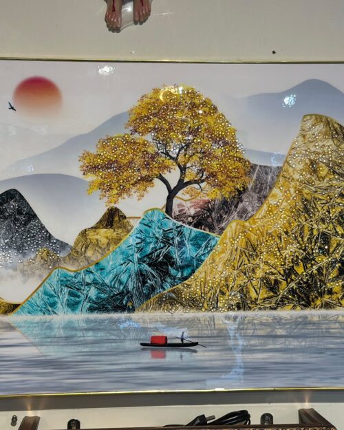 Golden Mountain Lake and Tree Decorative Wall Art Panel | 18 x 22 Inch