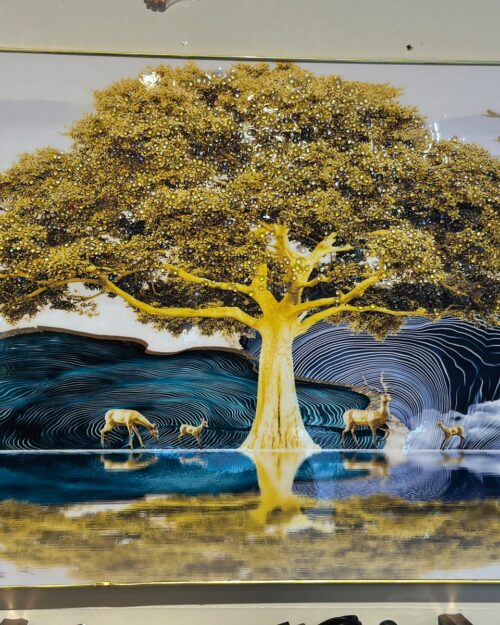 Golden Tree and Deer Lake Decorative Wall Art Panel | 18 x 22 Inch