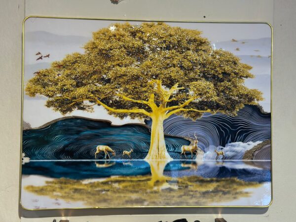 5 Golden Tree and Deer Lake Decorative Wall Art Panel | 18 x 22 Inch