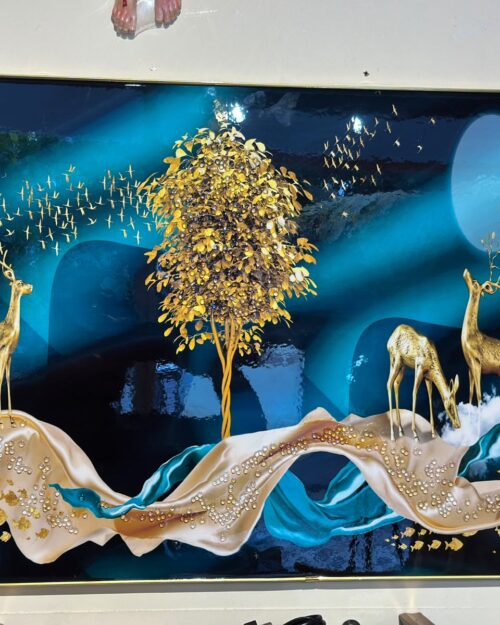Royal Blue Deer and Golden Tree Decorative Wall Art Panel | 18 x 22 Inch