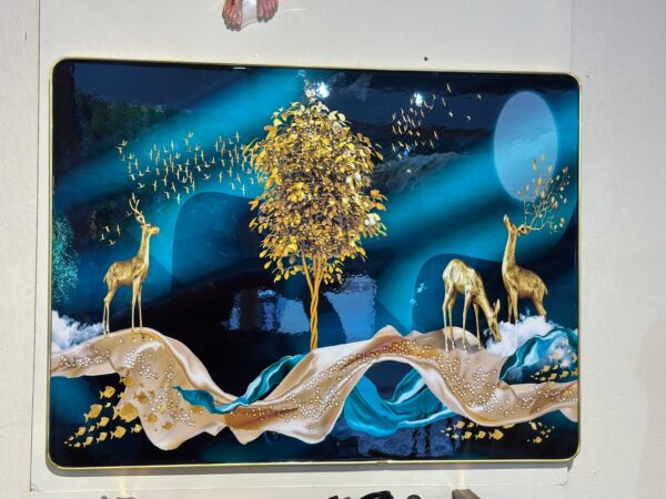Royal Blue Deer and Golden Tree Decorative Wall Art Panel | 18 x 22 Inch