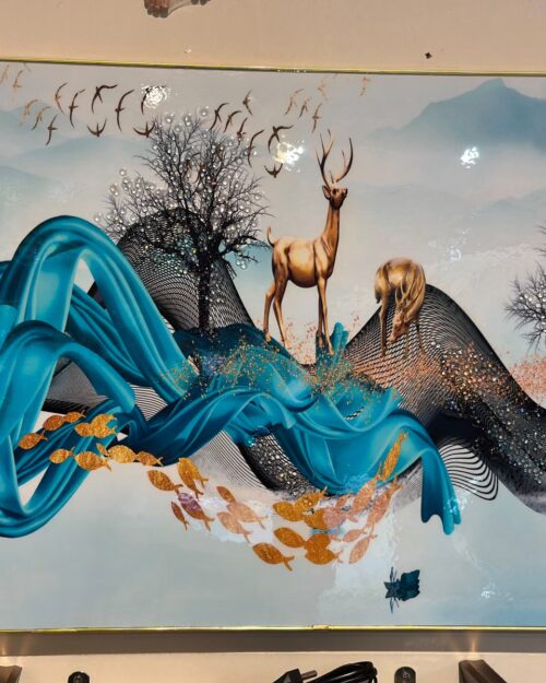 Modern Teal Deer, Birds and Mountain Decorative Wall Art Panel | 18 x 22 Inch