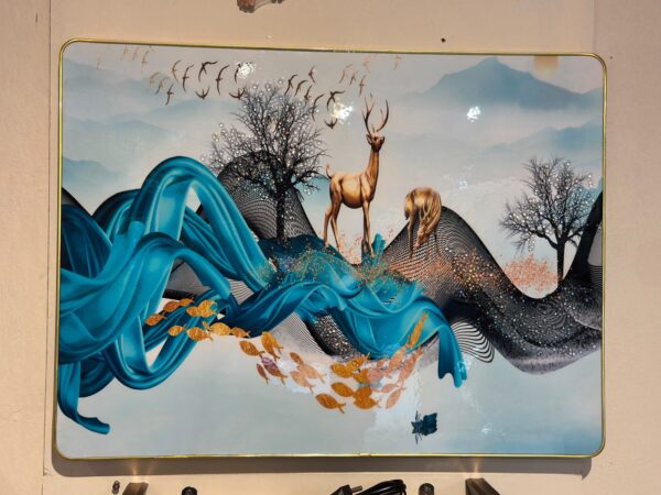Modern Teal Deer, Birds and Mountain Decorative Wall Art Panel | 18 x 22 Inch