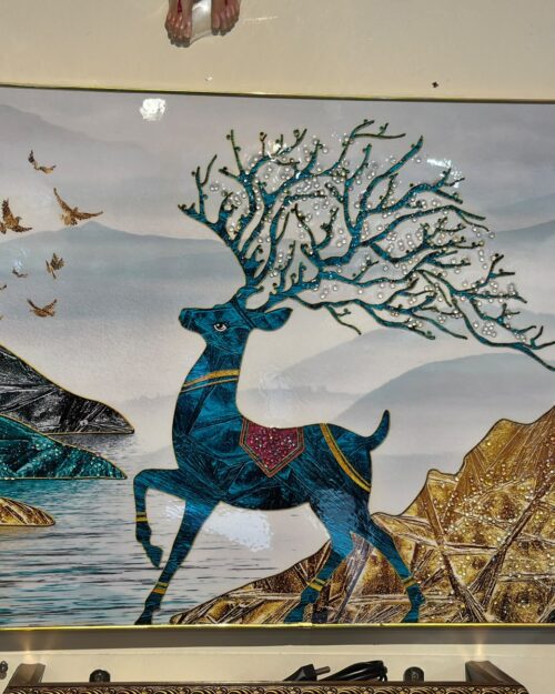 Teal Stag and Crystal Antler Mountain Decorative Wall Art Panel | 18 x 22 Inch