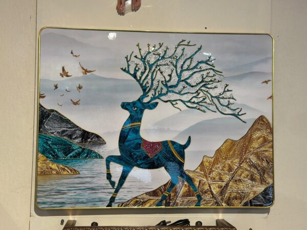 Teal Stag and Crystal Antler Mountain Decorative Wall Art Panel | 18 x 22 Inch