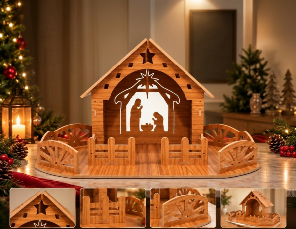 Wooden Christmas Crib – Laser-Cut Nativity Scene with Decorative Fence