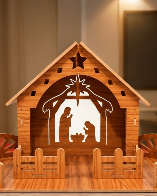 Wooden Christmas Crib – Laser-Cut Nativity Scene with Decorative Fence