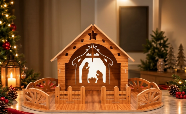 Wooden Christmas Crib – Laser-Cut Nativity Scene with Decorative Fence