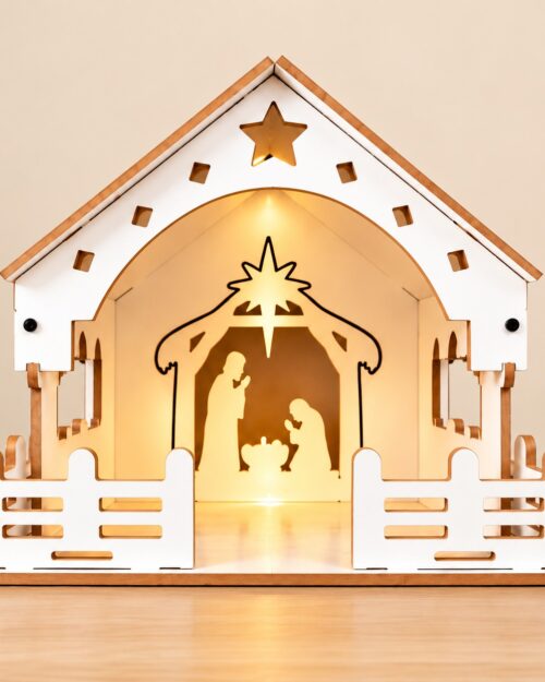 Premium White Wooden Christmas Crib – Laser-Cut Nativity Scene with Decorative Fence