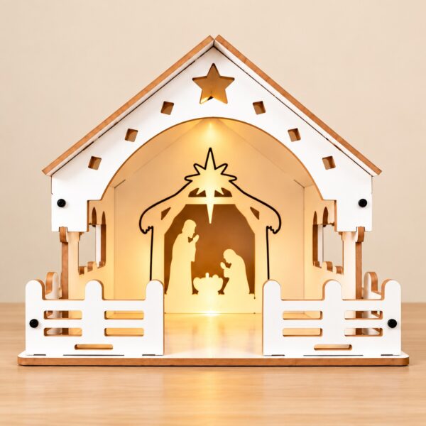 pkw Premium White Wooden Christmas Crib – Laser-Cut Nativity Scene with Decorative Fence