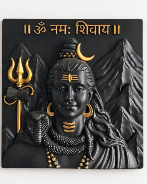 Product Title: Lord Shiva Black Wall Panel – Mahadev with Trishul, Damru and Himalayan Mountain Design